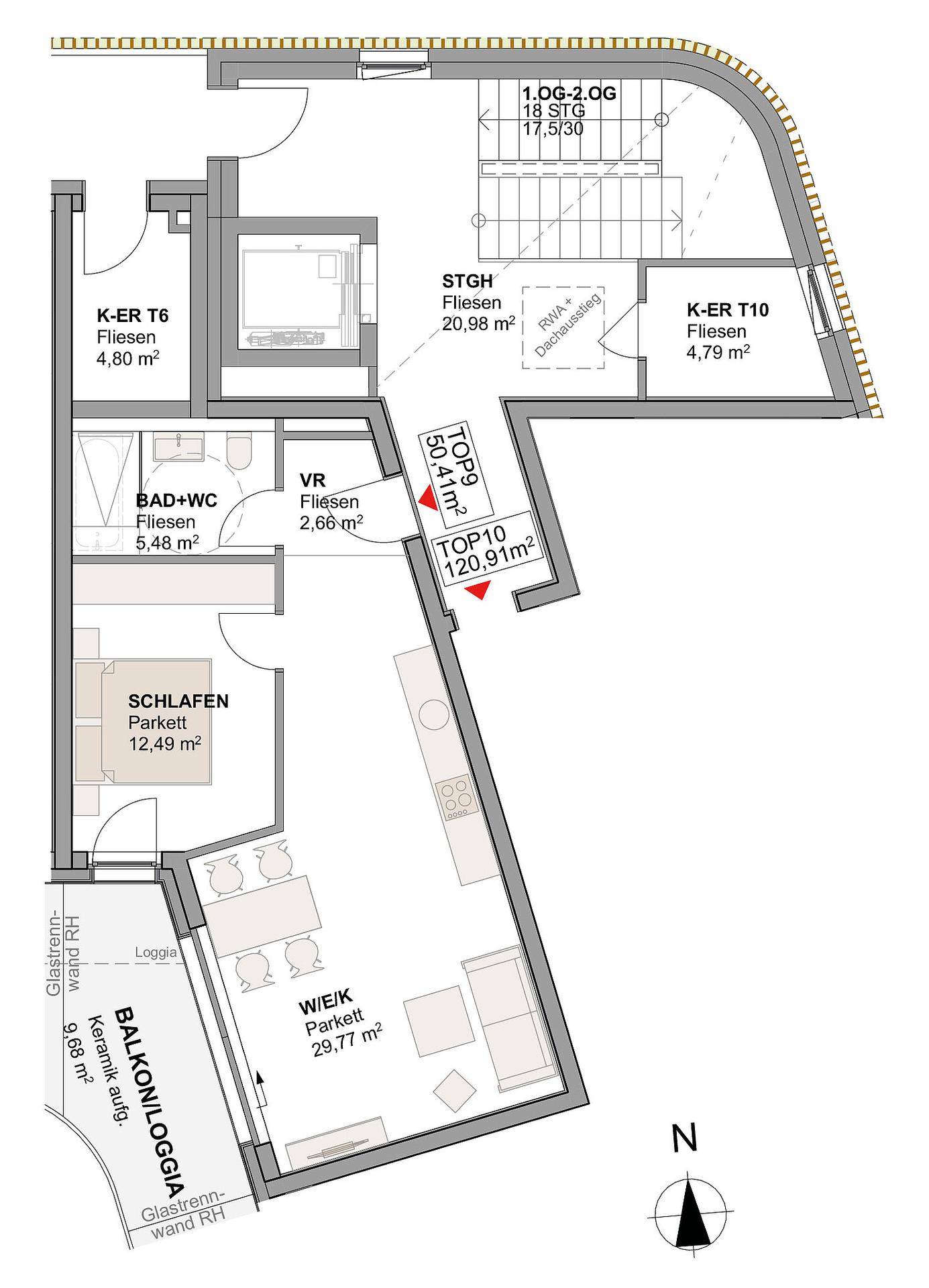 Grundriss einer Wohnung mit Schlafzimmer, Bad und offenem Wohn-Essbereich mit Balkon/Loggia.