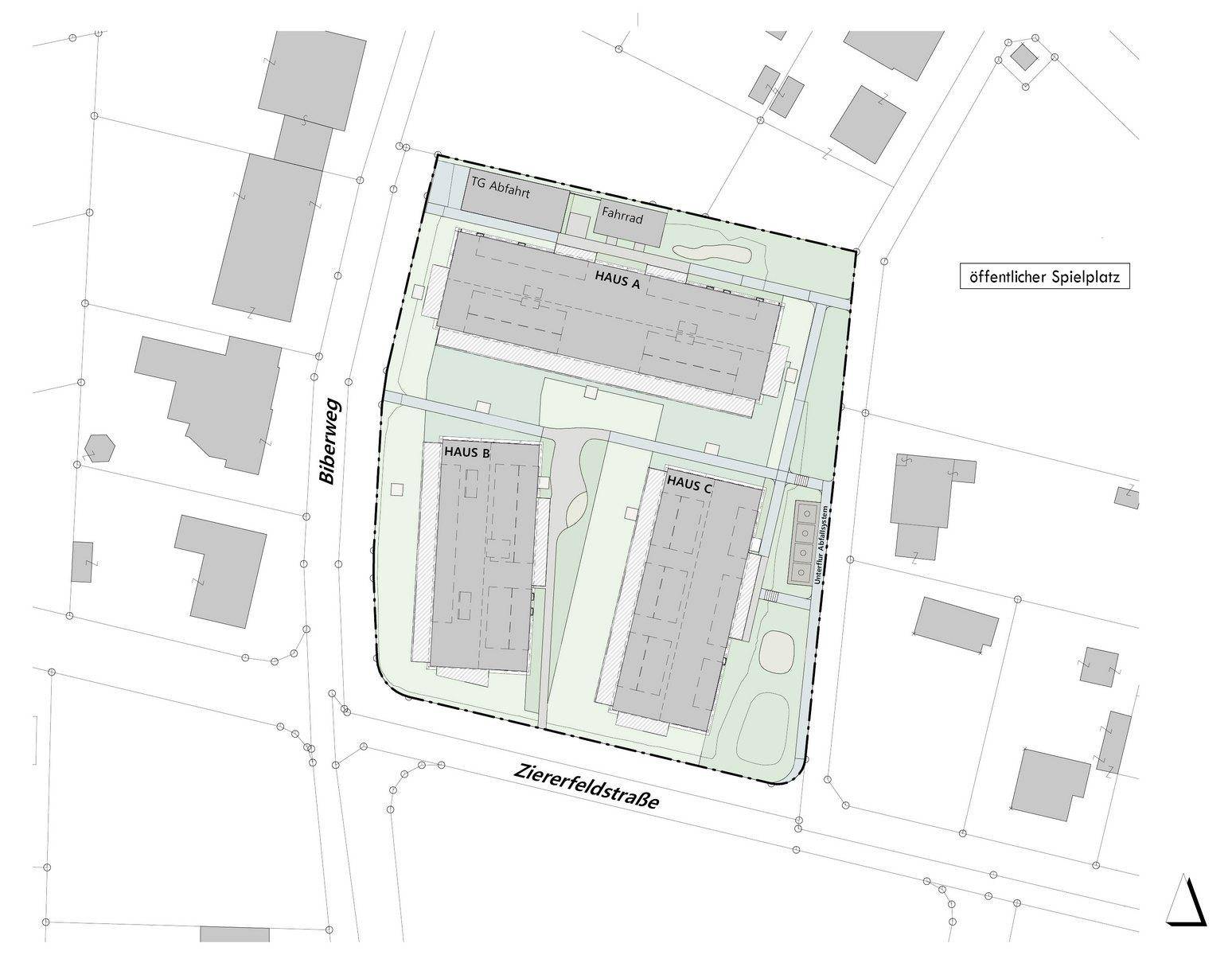 Lageplan mit drei Gebäuden (Haus A, B, C), umgeben von Straßen und einem öffentlichen Spielplatz.