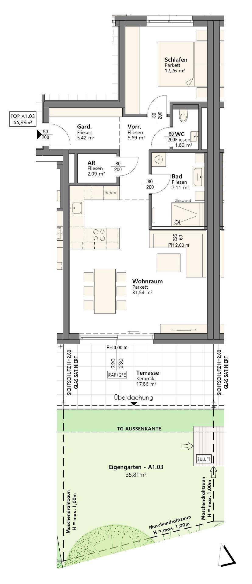 Detaillierter Grundriss einer Wohnung mit Wohnraum, Schlafzimmer, Terrasse und Garten.