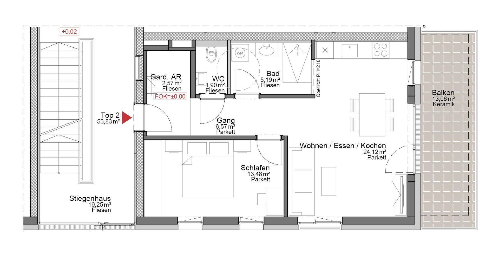 Detaillierter Grundriss einer Wohnung mit Schlafzimmer, Bad, WC und Balkon.