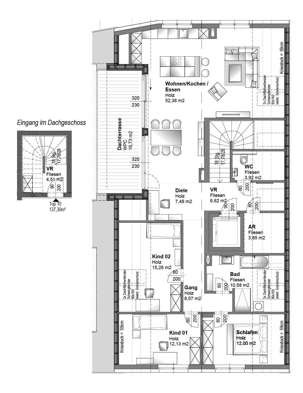 Detaillierter Grundriss einer Wohnung mit Dachterrasse und mehreren Zimmern.