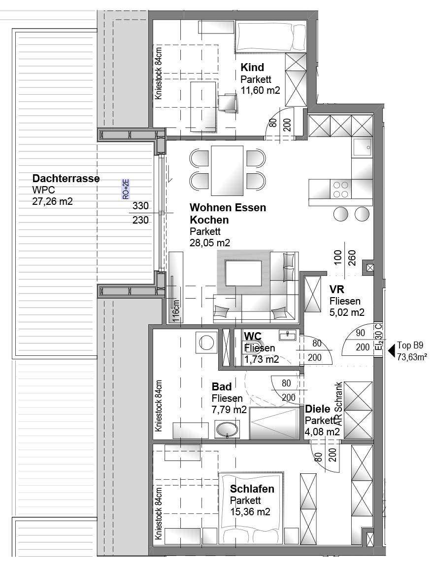 Detaillierter Grundriss einer Wohnung mit Dachterrasse, Wohn-Essbereich und zwei Schlafzimmern.