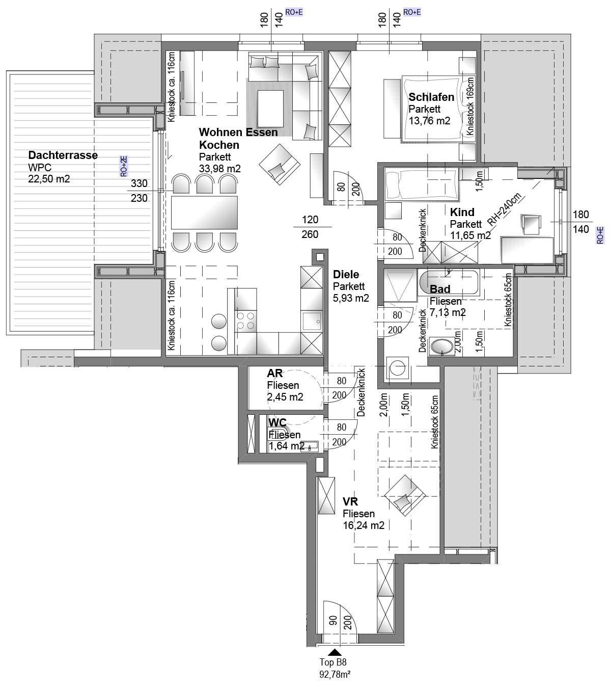 Detaillierter Grundriss einer Wohnung mit Wohn-Essbereich, Küche, Schlafzimmern und Dachterrasse.