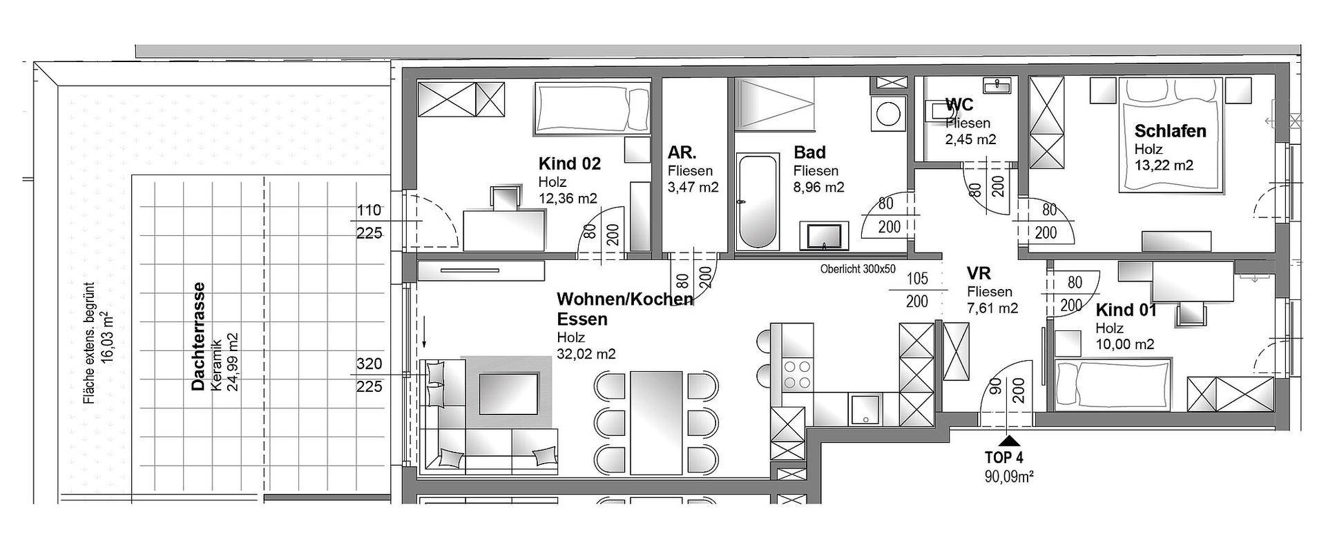 Detaillierter Grundriss einer Wohnung mit offener Wohnküche, drei Schlafzimmern und Dachterrasse.
