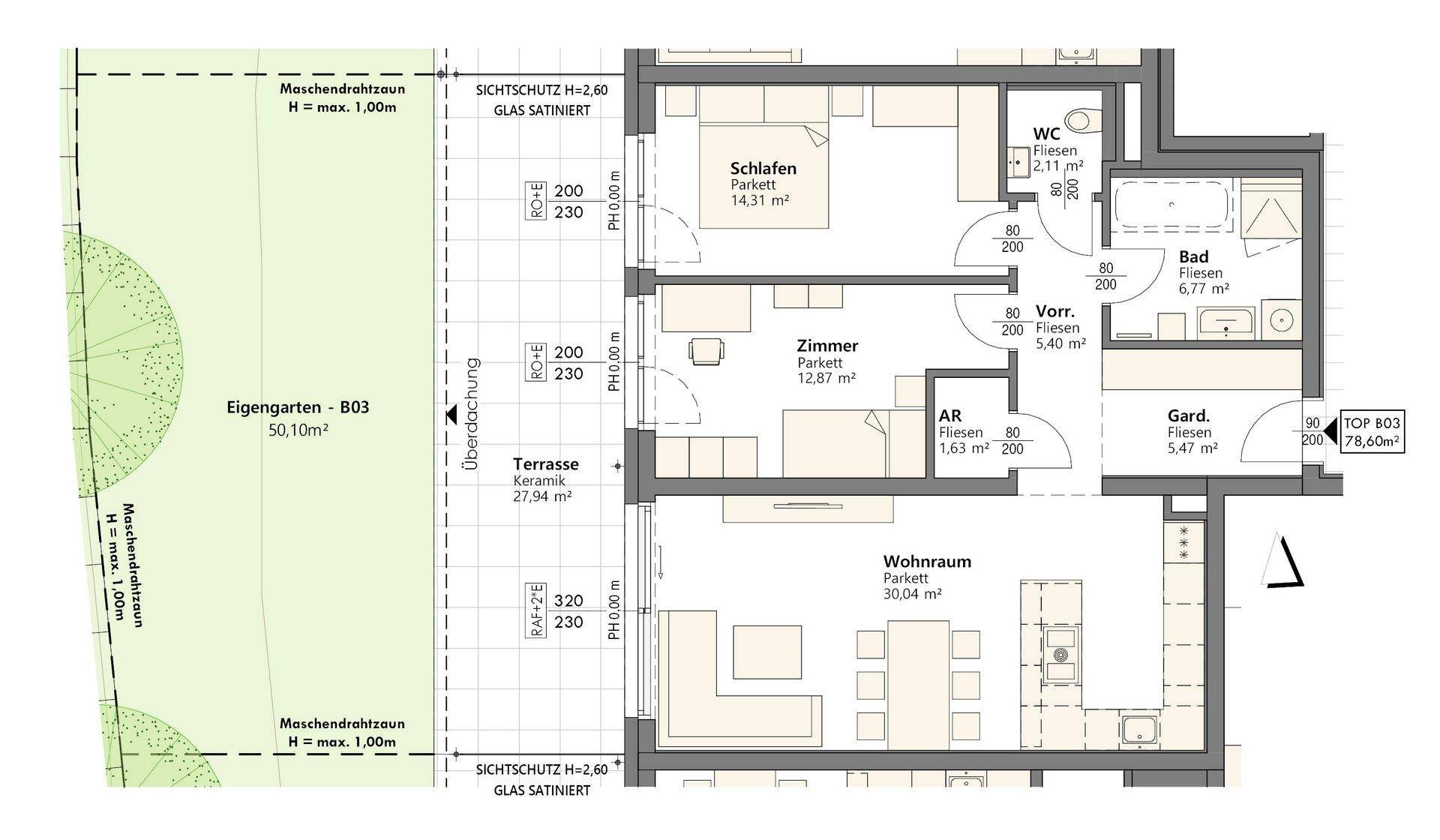 Detaillierter Grundriss einer Wohnung mit Wohnraum, Schlafzimmer, Terrasse und eigenem Garten.