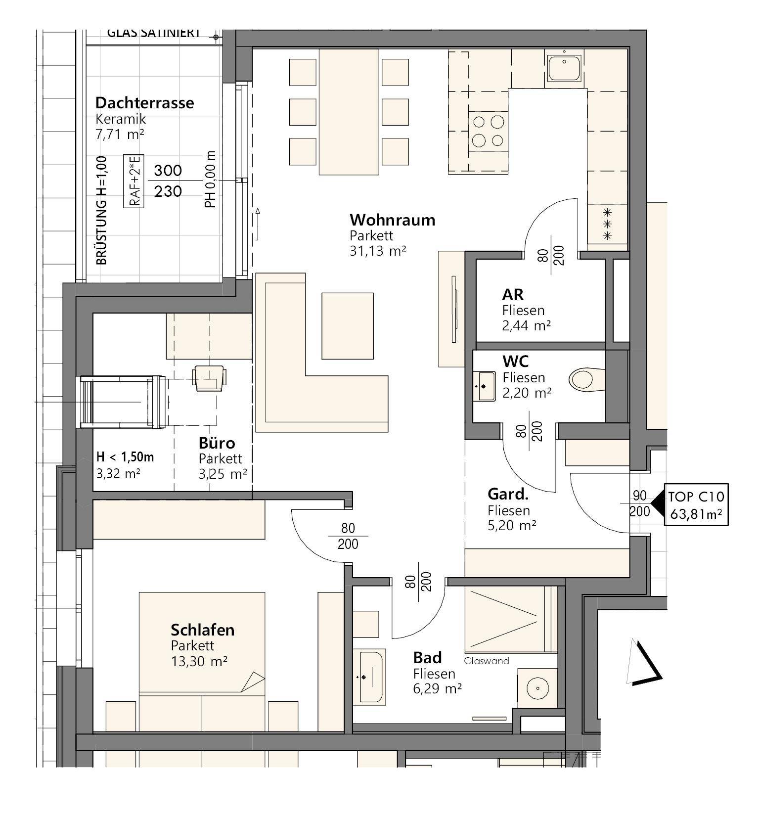 Detaillierter Grundriss einer Wohnung mit Dachterrasse, Schlafzimmer und Büro.
