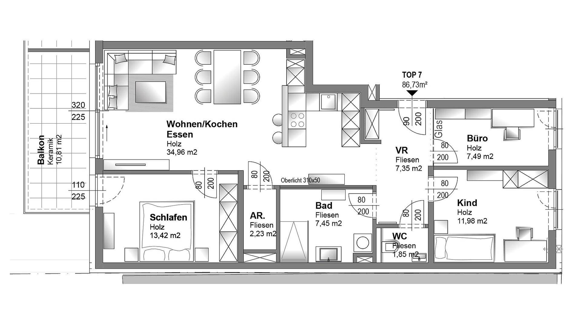 Grundriss einer Wohnung mit offenem Wohnbereich, zwei Schlafzimmern, Büro und Balkon.