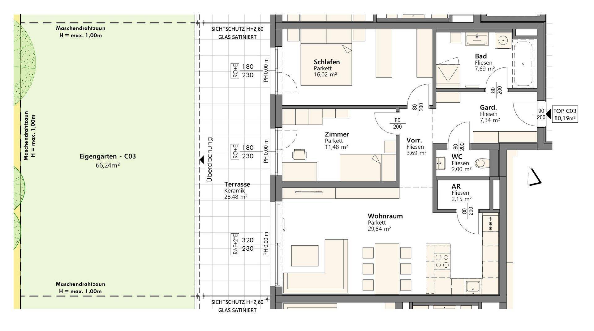 Detaillierter Grundriss einer Wohnung mit drei Zimmern, Terrasse und eigenem Garten.