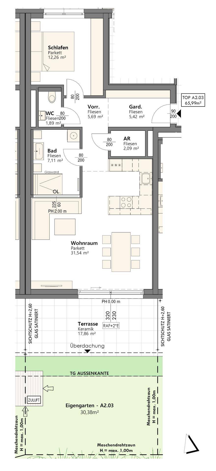 Detaillierter Grundriss einer Wohnung mit Wohnraum, Schlafzimmer, Bad und Terrasse mit Garten.