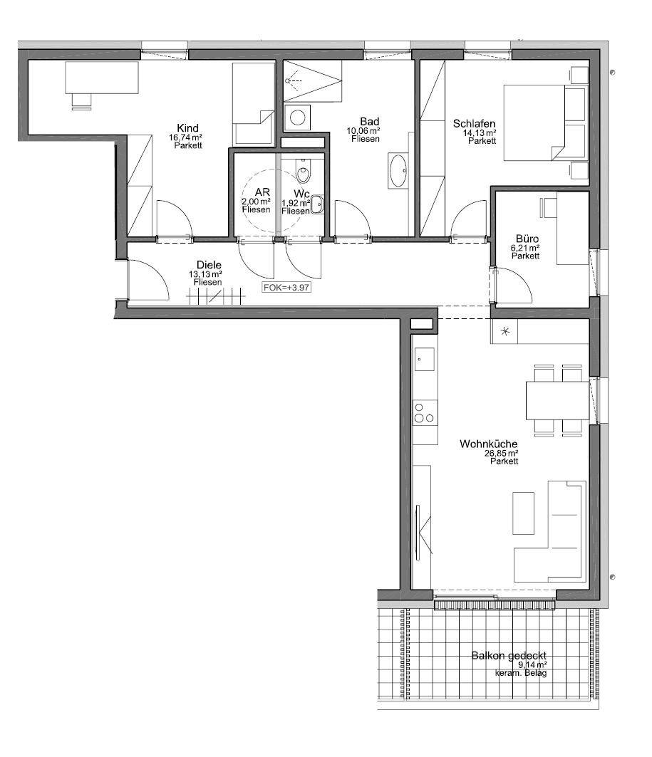 Detaillierter Grundriss einer Wohnung mit drei Schlafzimmern, Wohnküche und Balkon.