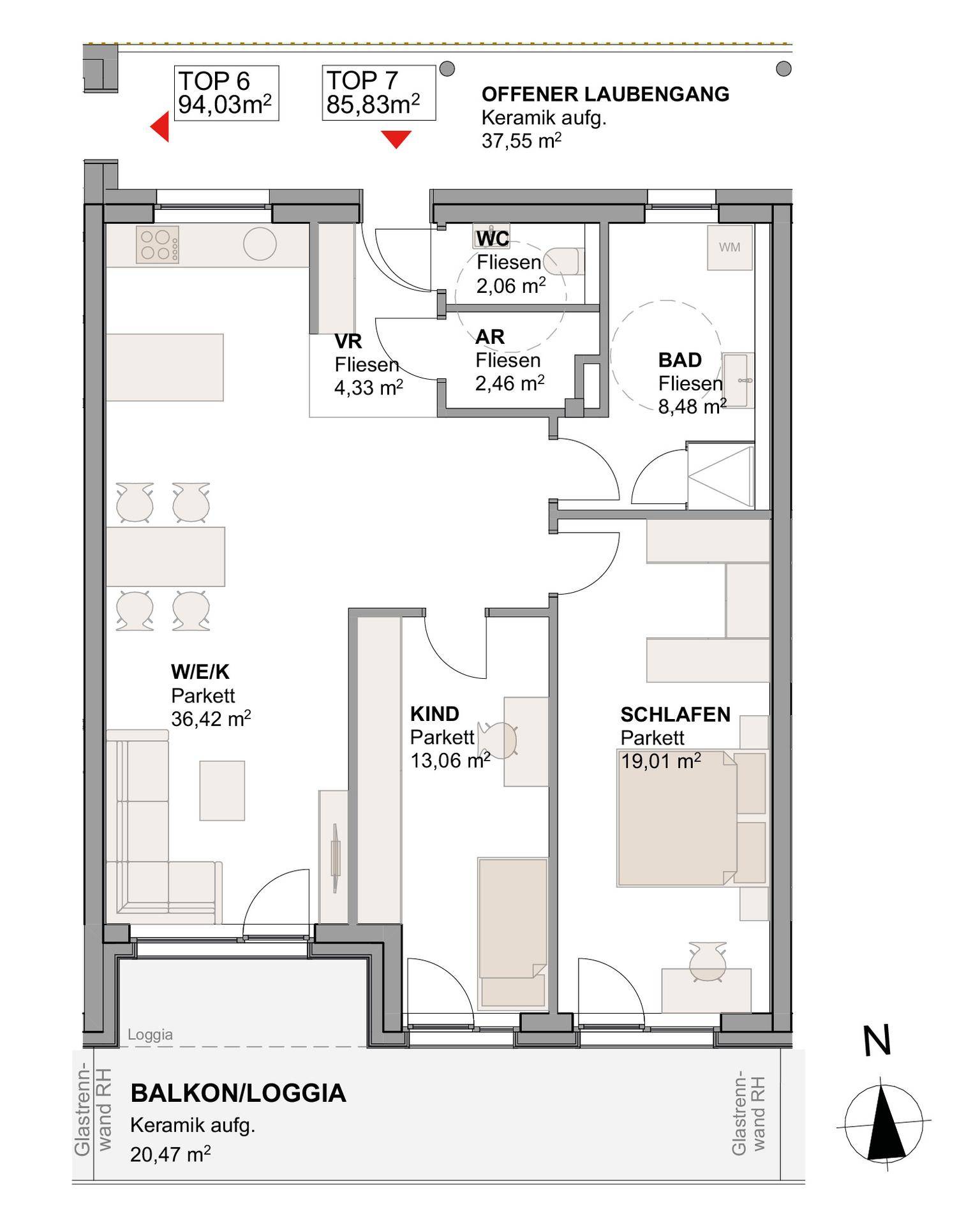 Detaillierter Grundriss einer Wohnung mit offenem Wohnbereich, zwei Schlafzimmern und Balkon/Loggia.