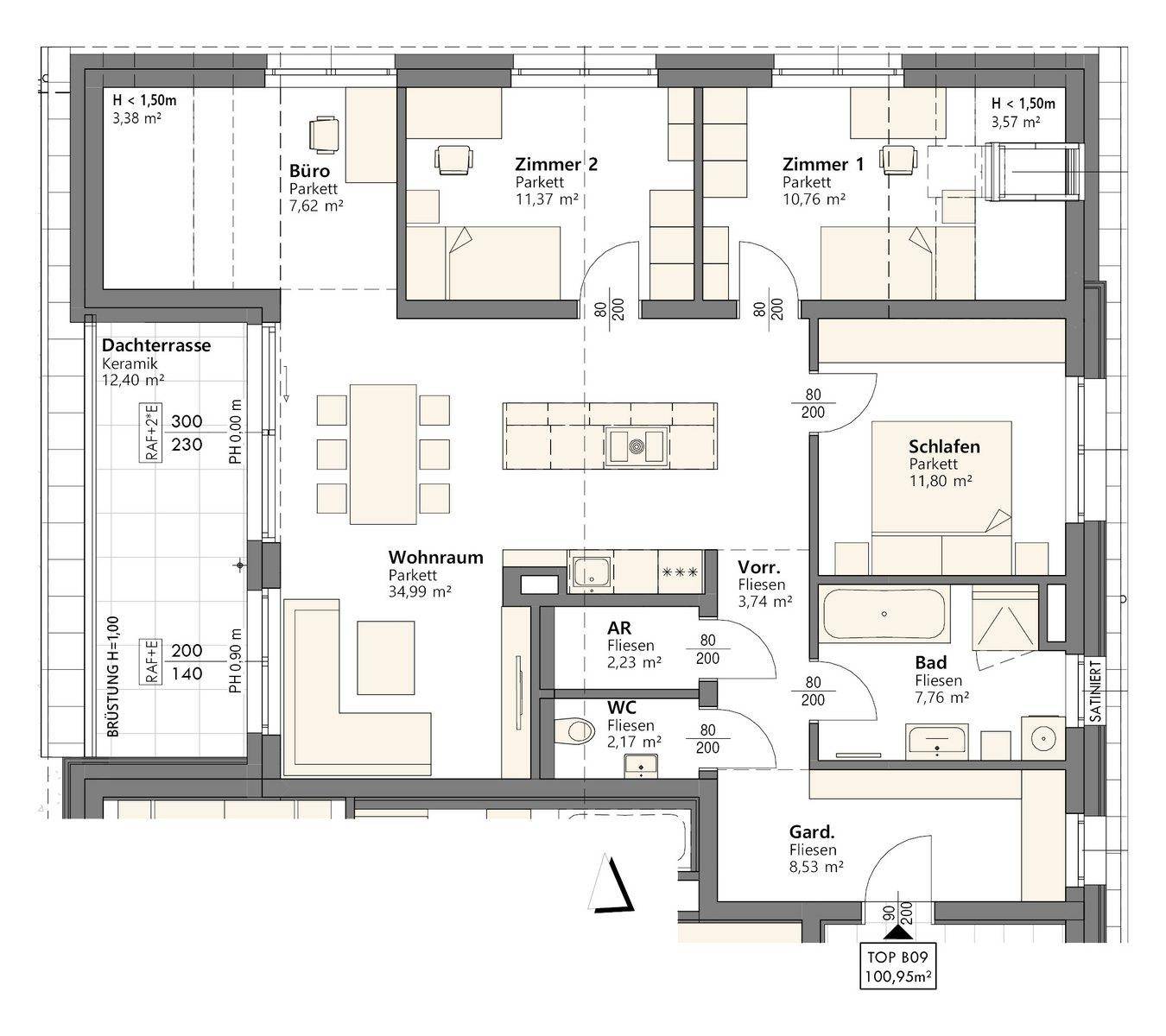 Detaillierter Grundriss einer Wohnung mit Dachterrasse, offenem Wohnbereich und mehreren Zimmern.