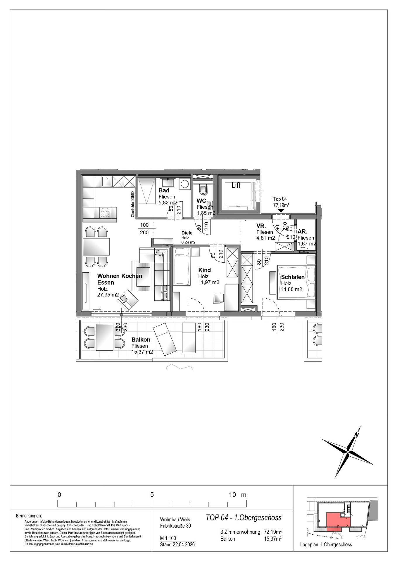 Grundriss der Wohnung Top 04 im 1. Obergeschoss mit Wohn-Koch-Essbereich und Balkon.