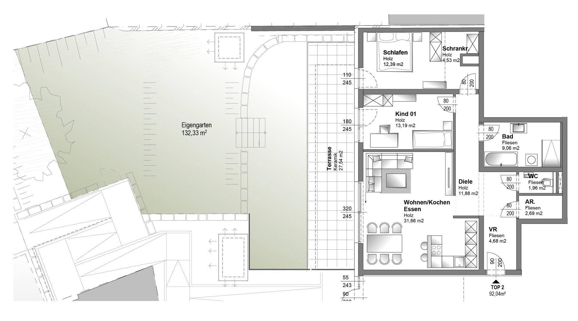 Grundriss einer Wohnung mit Terrasse, Gartenanteil und offenem Wohn-/Kochbereich.