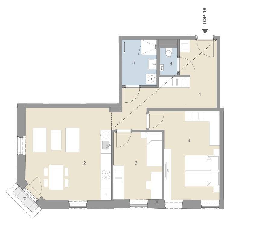 Grundriss einer Wohnung mit zwei Schlafzimmern, offenem Wohnbereich und Balkon.