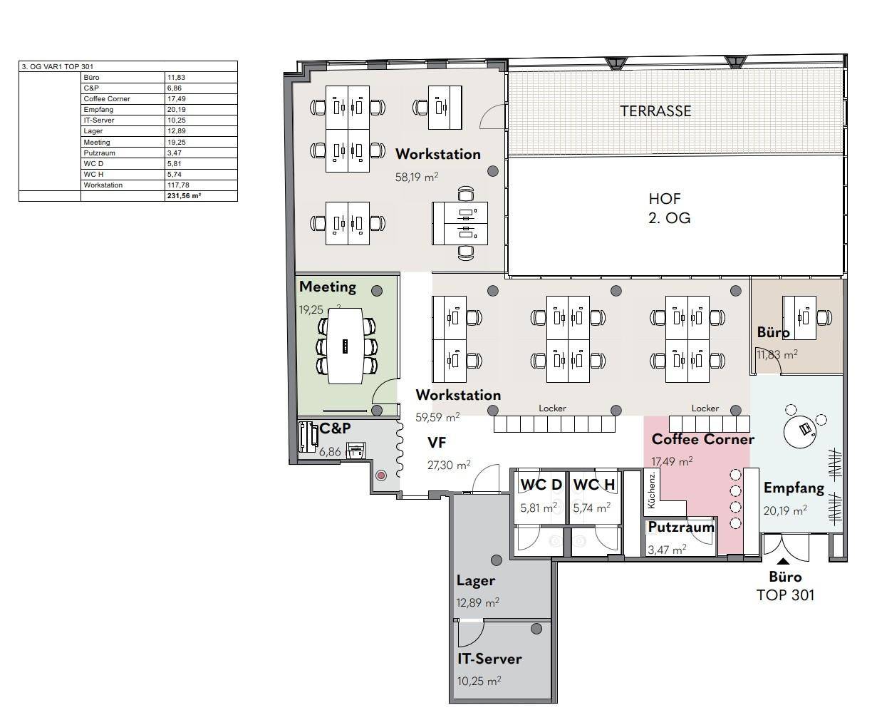 Grundriss eines Bürogeschosses mit offenen Arbeitsbereichen, Besprechungsraum, Kaffeeküche und einer großen Terrasse.