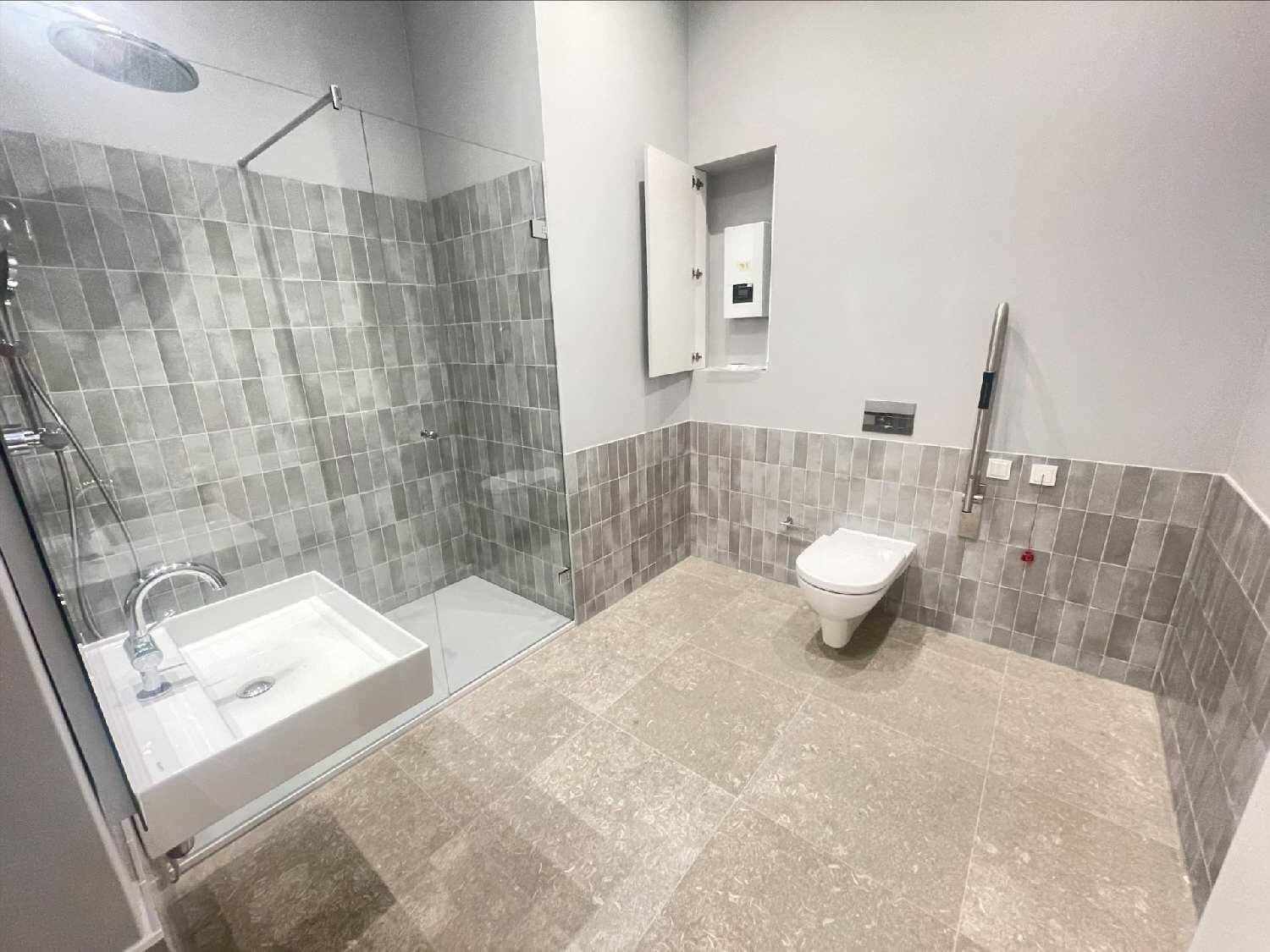 Modernes Badezimmer mit ebenerdiger Dusche, Wand-WC und grauen Fliesen, barrierefrei ausgestattet.