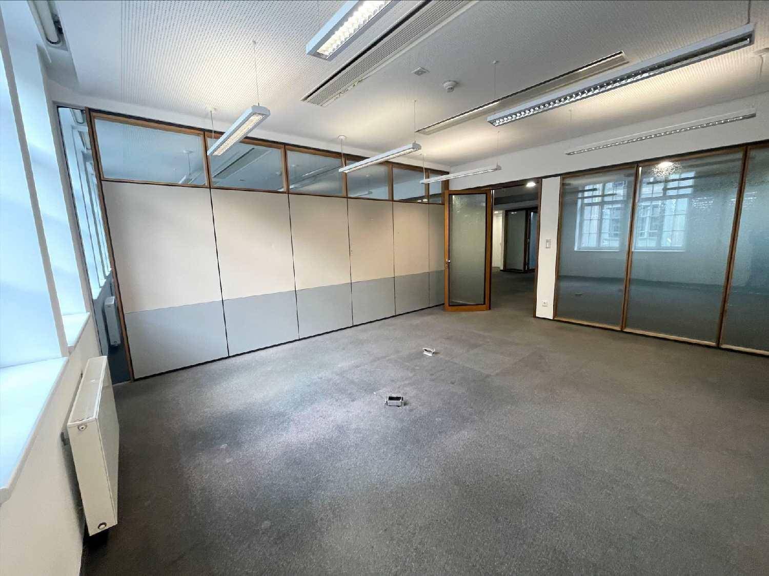 Geräumiges Büro mit Teppichboden, Glaswänden und großen Fenstern, bietet viel Tageslicht.