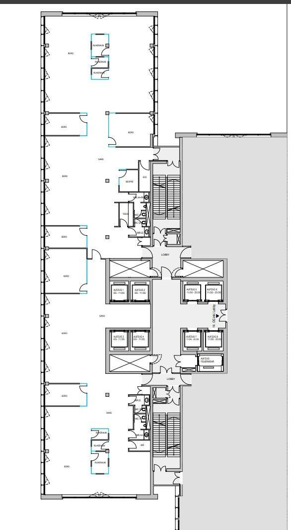 Grundriss eines Bürogeschosses mit flexiblen Büroräumen und zentralen Servicebereichen, inklusive Aufzüge.