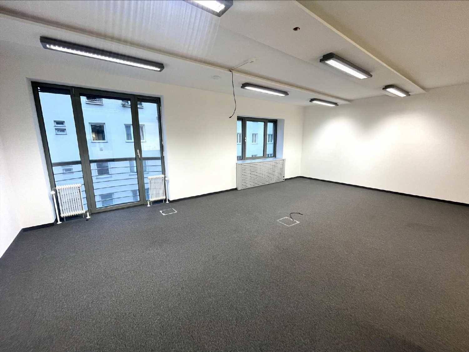 Geräumiger Büroraum mit großen Fenstern, Teppichboden und moderner Deckenbeleuchtung.