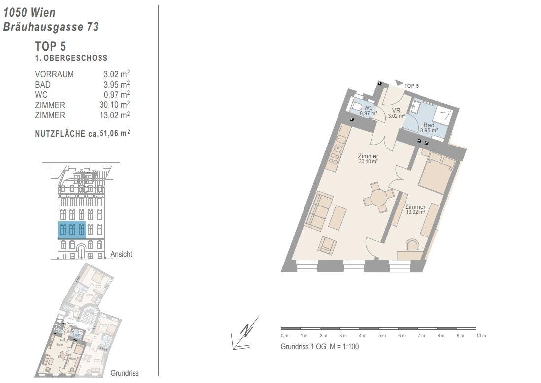 Grundriss der Wohnung Top 5 im 1. Obergeschoss mit 51,06 m² Nutzfläche.