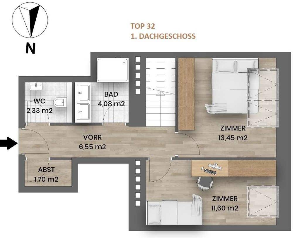 Grundriss des ersten Dachgeschosses mit zwei Schlafzimmern, Bad und WC.