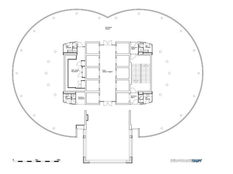 Grundriss einer Büroetage im Millennium Tower mit flexiblen Raumaufteilungen und Sanitärbereichen.