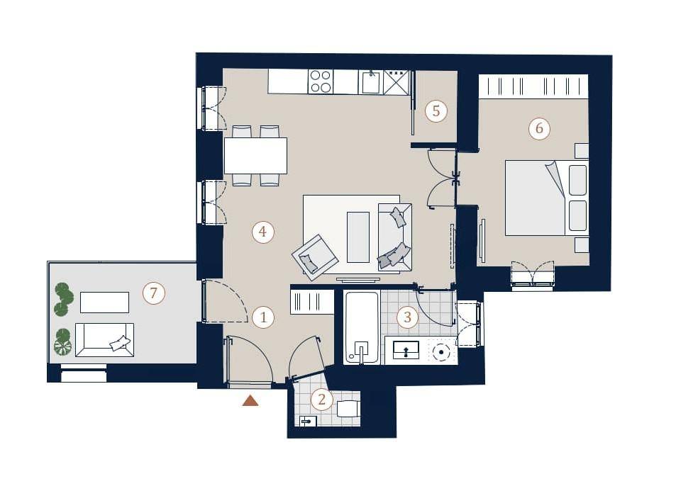 Grundriss einer Wohnung mit offenem Wohnbereich, Schlafzimmer und Terrasse.