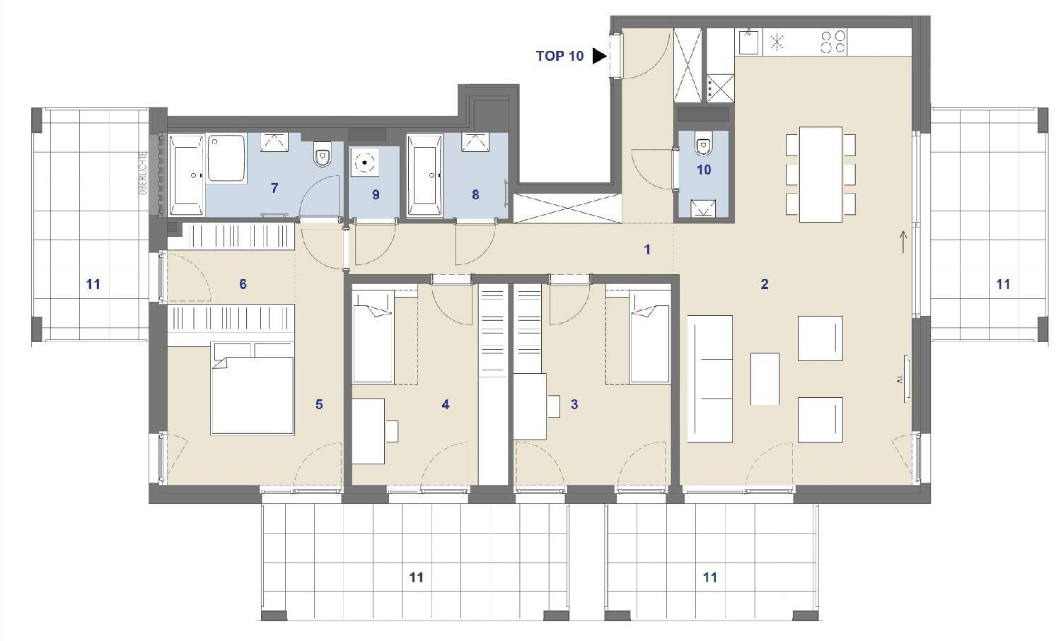 Grundriss einer Wohnung mit drei Schlafzimmern, zwei Bädern und großzügigen Balkonen.