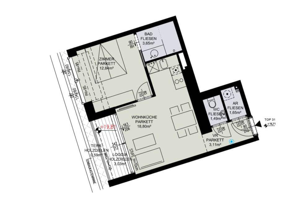 Grundriss einer Wohnung mit offener Wohnküche, Schlafzimmer, Bad und Loggia.