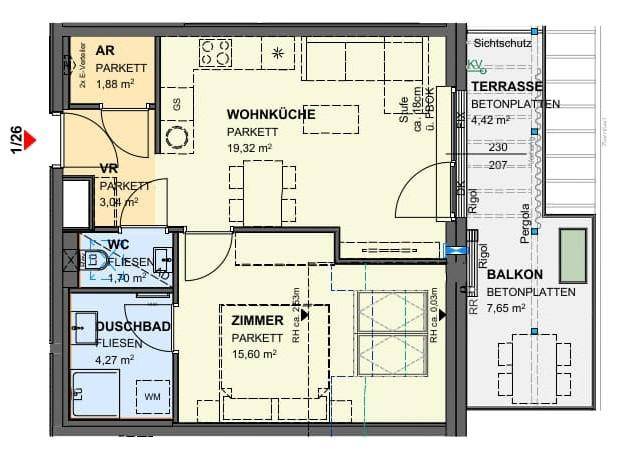 Grundriss einer Wohnung mit Wohnküche, Schlafzimmer, Bad, WC, Abstellraum und Terrasse.