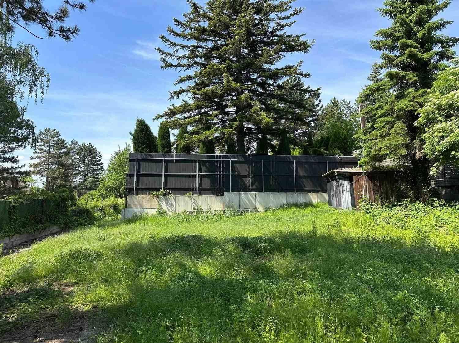 Grünes Grundstück mit Baumbestand und einer dunklen Zaunstruktur im Hintergrund.