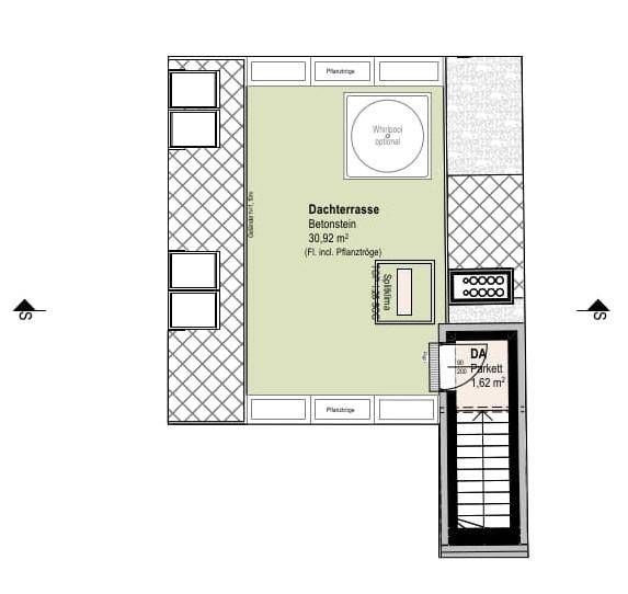 Grundriss der Dachterrasse mit optionalem Whirlpool und Sonnensegel, ideal für Entspannung im Freien.