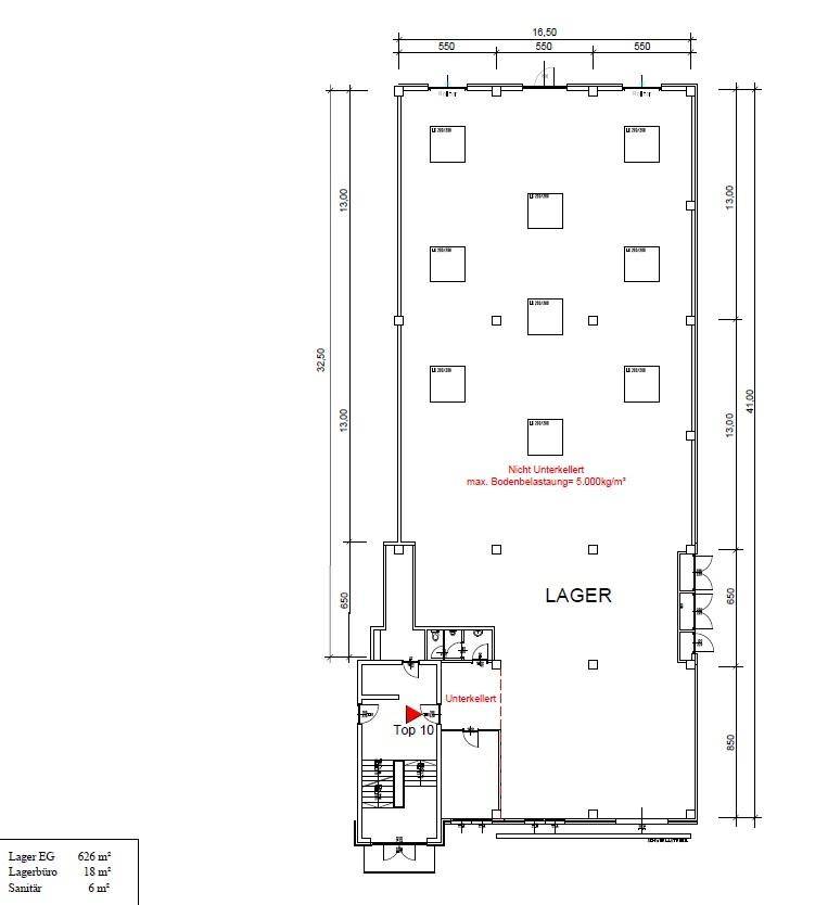 Grundriss eines großen Lagerbereichs mit angrenzendem Büro und Sanitärräumen, inklusive Maßangaben.