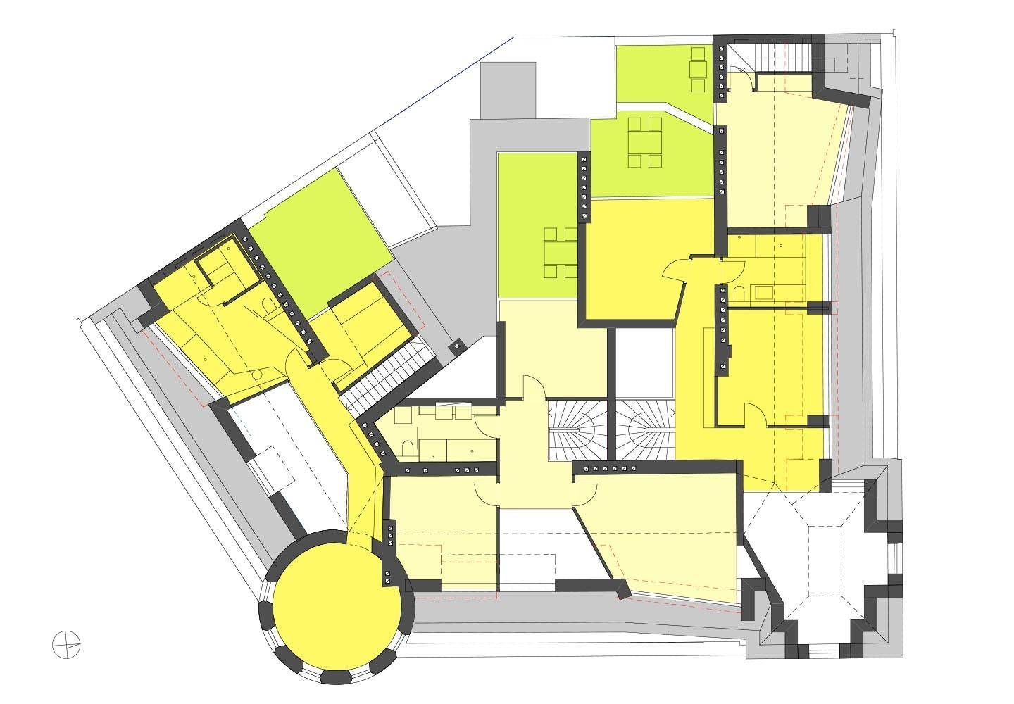 Grundriss einer Etage mit mehreren Räumen und einem runden Turmbereich.