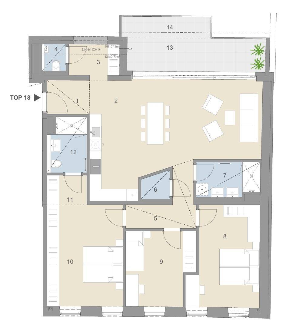 Detaillierter Grundriss einer Wohnung mit drei Schlafzimmern, offener Küche und großer Terrasse.