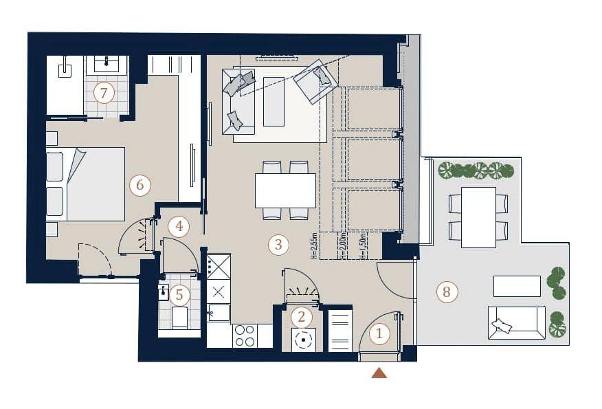 Übersichtlicher Grundriss mit Schlafzimmer, offenem Wohnbereich und großer Terrasse.