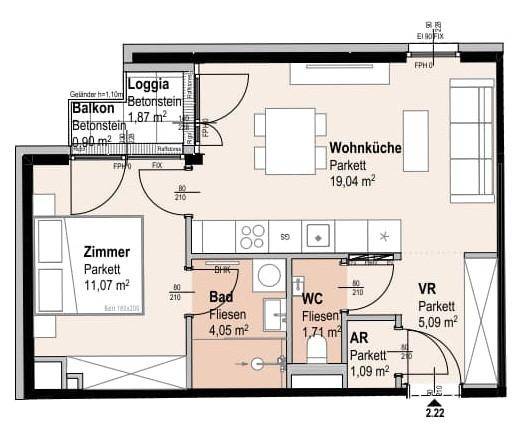 Grundriss einer Wohnung mit offener Wohnküche, einem Schlafzimmer, Bad, separatem WC, Balkon und Loggia.
