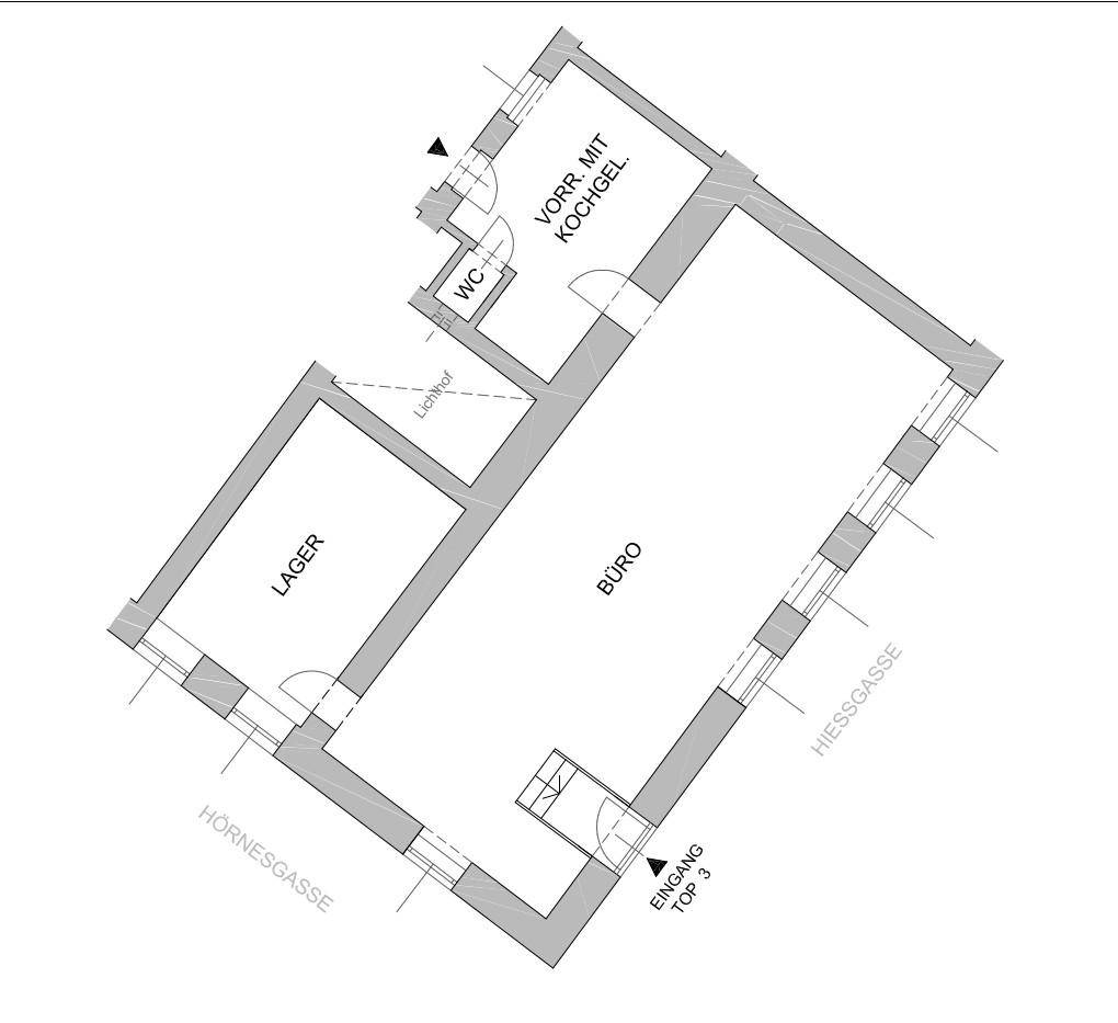 Grundriss zeigt Büro, Lager, WC und Vorraum mit Kochnische, ideal für gewerbliche Nutzung.
