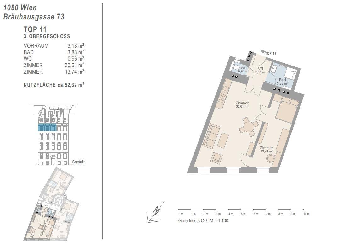 Grundriss der Wohnung Top 11 im 3. Obergeschoss mit 52,32 m² Nutzfläche und Balkon.
