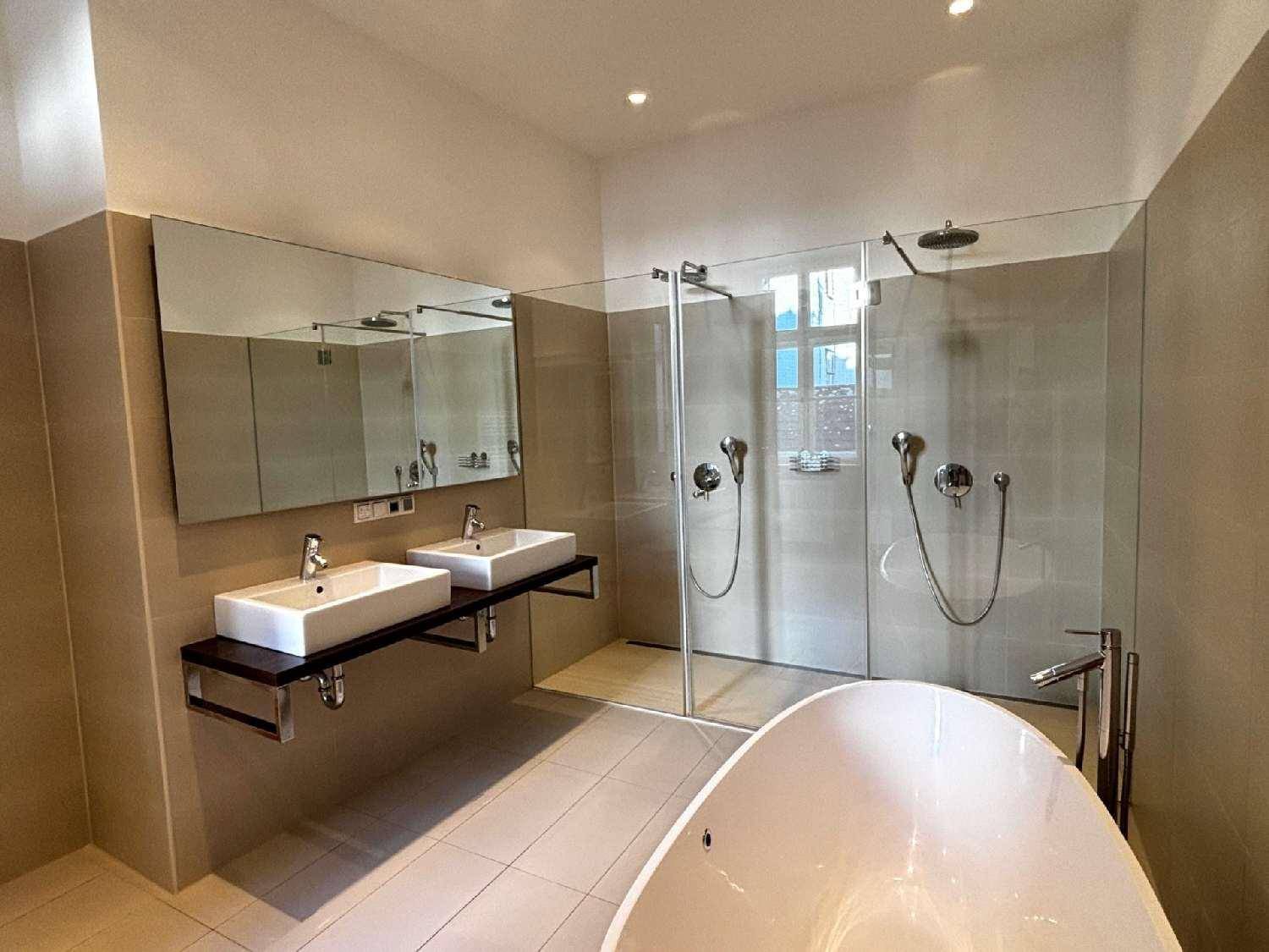 Elegantes Badezimmer mit Doppelwaschbecken, geräumiger Dusche und stilvoller freistehender Badewanne.