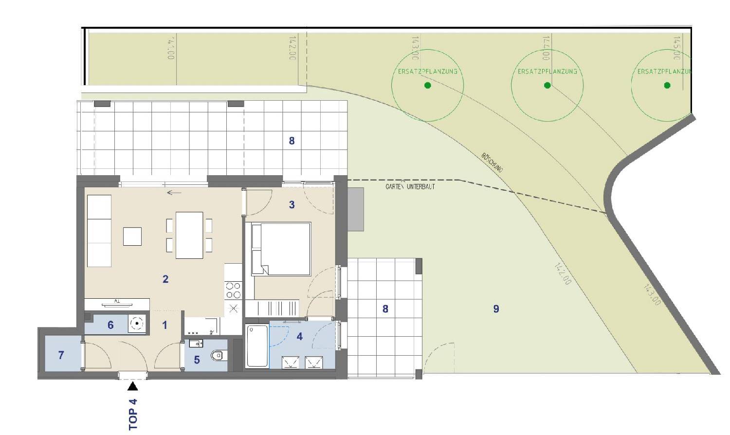 Grundriss einer Erdgeschosswohnung mit Garten, Terrasse und offenem Wohnbereich.