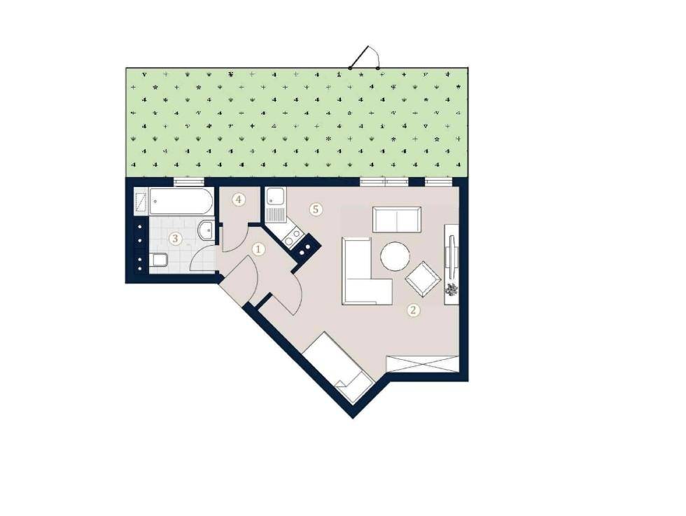 Grundriss einer Wohnung mit offenem Wohnbereich, Küche, Bad und Schlafzimmer.