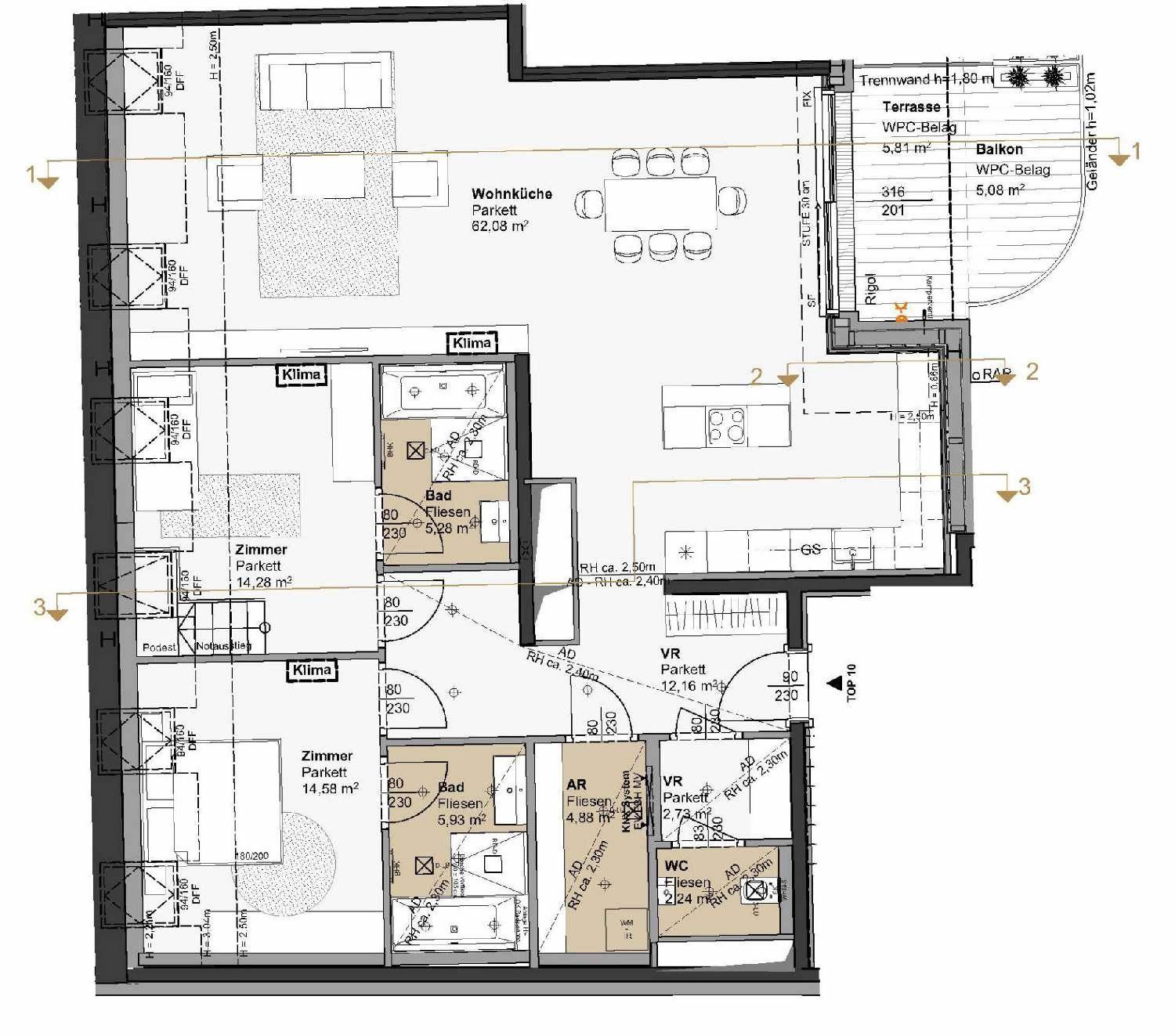 Detaillierter Grundriss einer Wohnung mit Wohnküche, Zimmern und Terrasse.