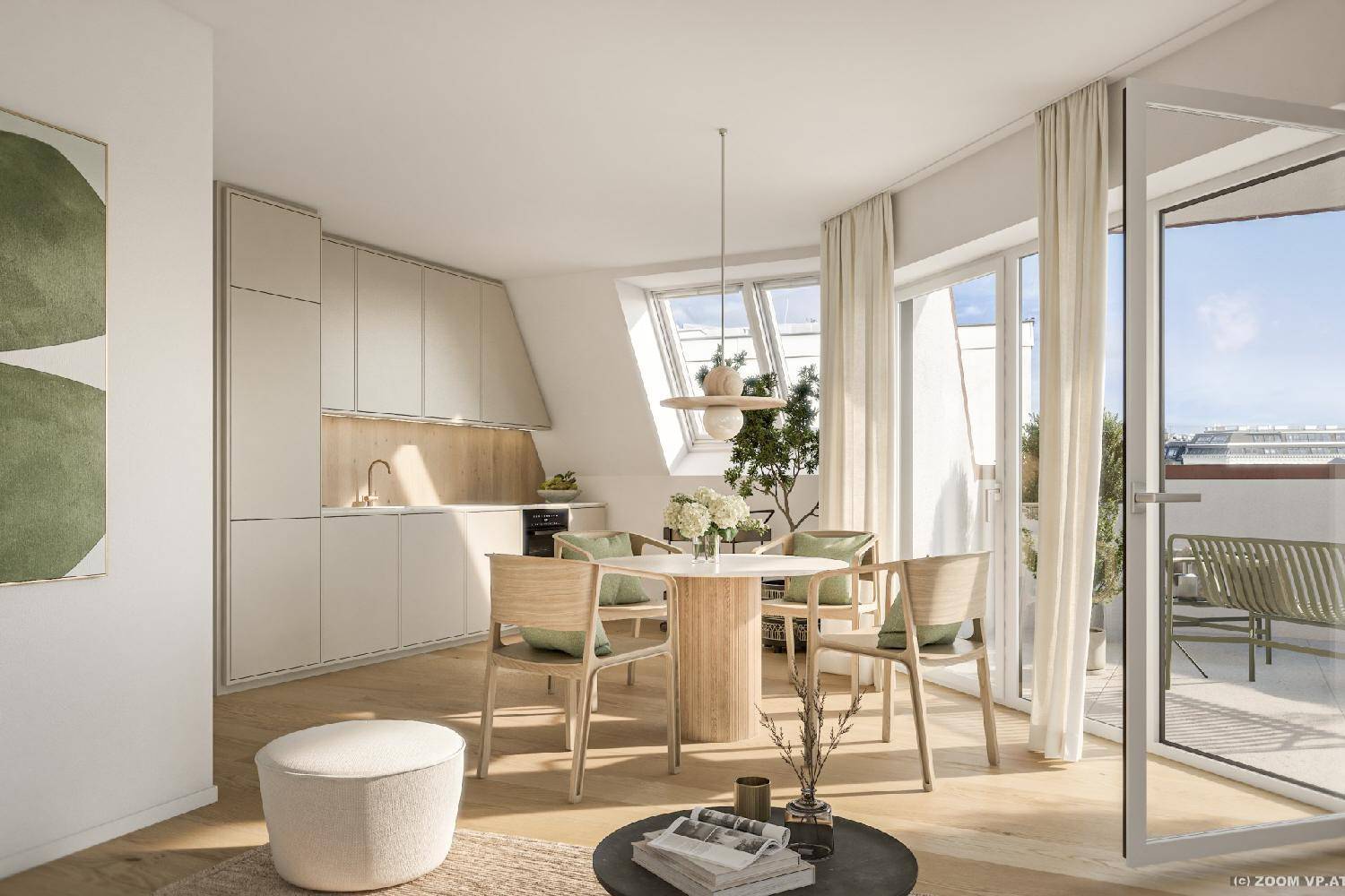 Heller Essbereich mit moderner Küche, Dachfenstern und Zugang zu einer Terrasse.