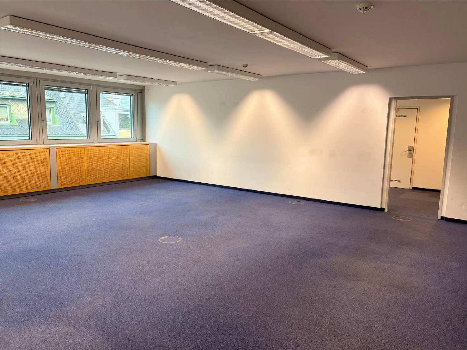 Geräumiger Büroraum mit blauem Teppichboden, hellen Wänden und Zugang zu weiteren Bereichen im Gebäude.
