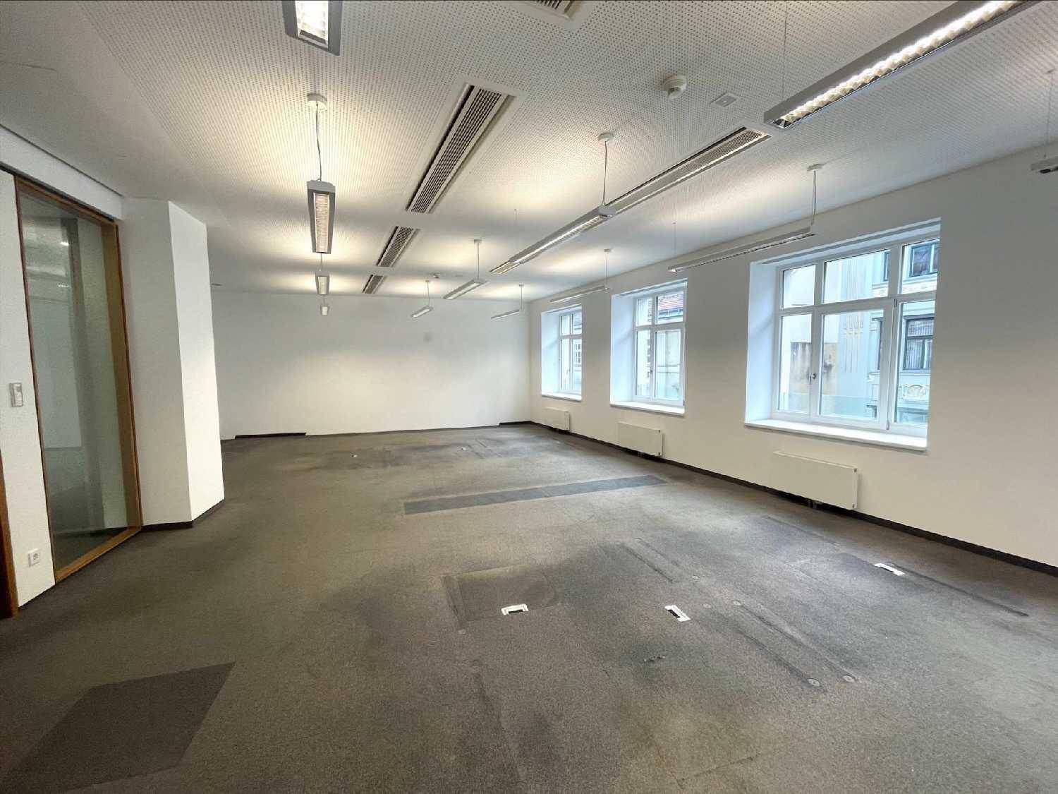Helles Büro mit Teppichboden, großen Fenstern und moderner Deckenbeleuchtung, ideal für Arbeitsbereiche.