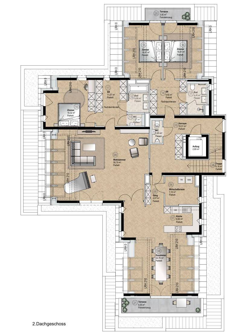 Grundriss des zweiten Dachgeschosses mit mehreren Zimmern, Bädern und Terrassenzugang.
