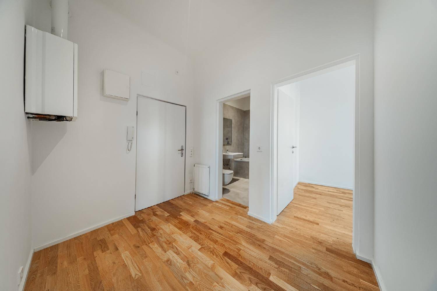 Eingangsbereich mit Parkettboden, Gegensprechanlage und Zugang zu weiteren Räumen, inklusive Badezimmer.