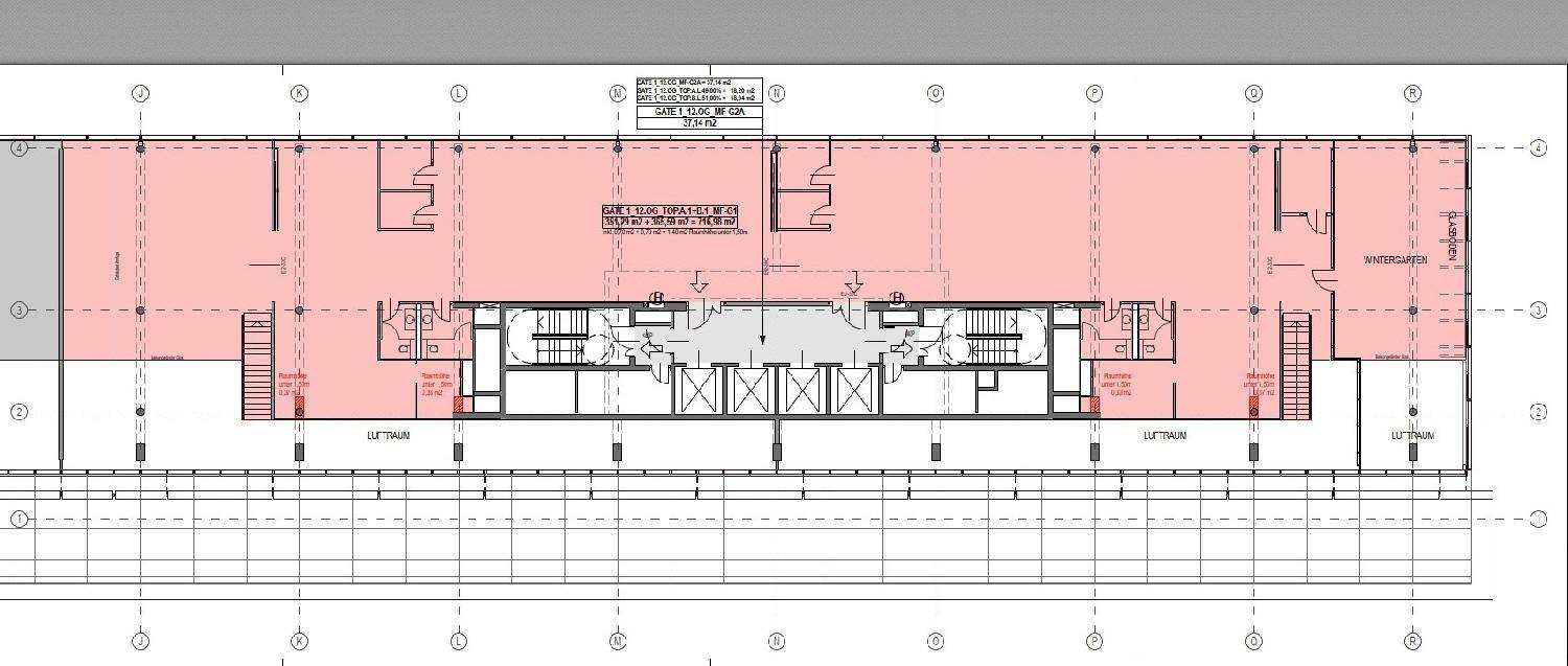 Klar strukturierter Grundriss einer Büroetage mit flexiblen Raumaufteilungen und Treppenhäusern.